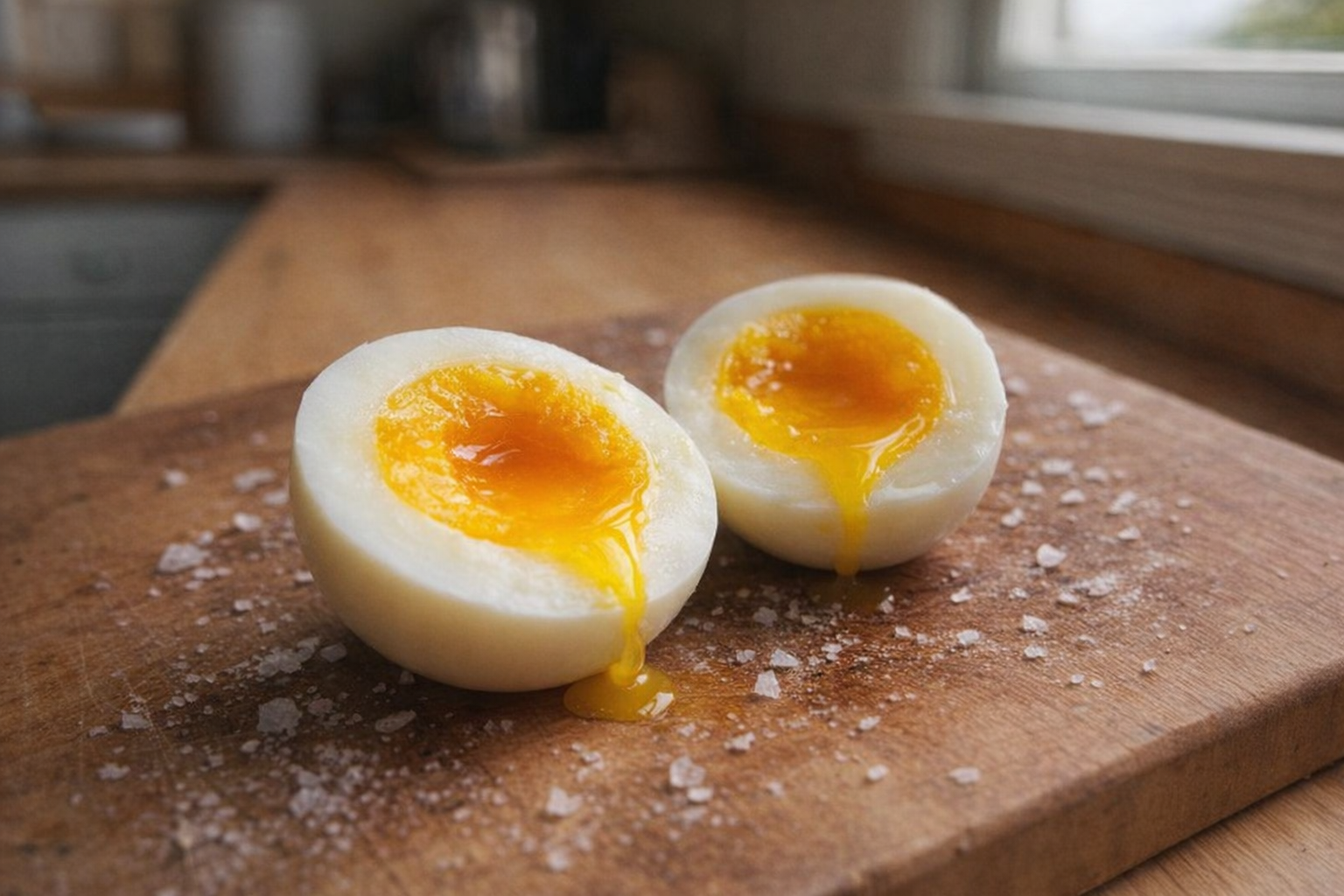 A close-up shot of a perfectly boiled egg, sliced in half, revealing a bright yellow, slightly runny yolk and a firm, white exterior, set on a wooden cutting board with a sprinkle of sea salt